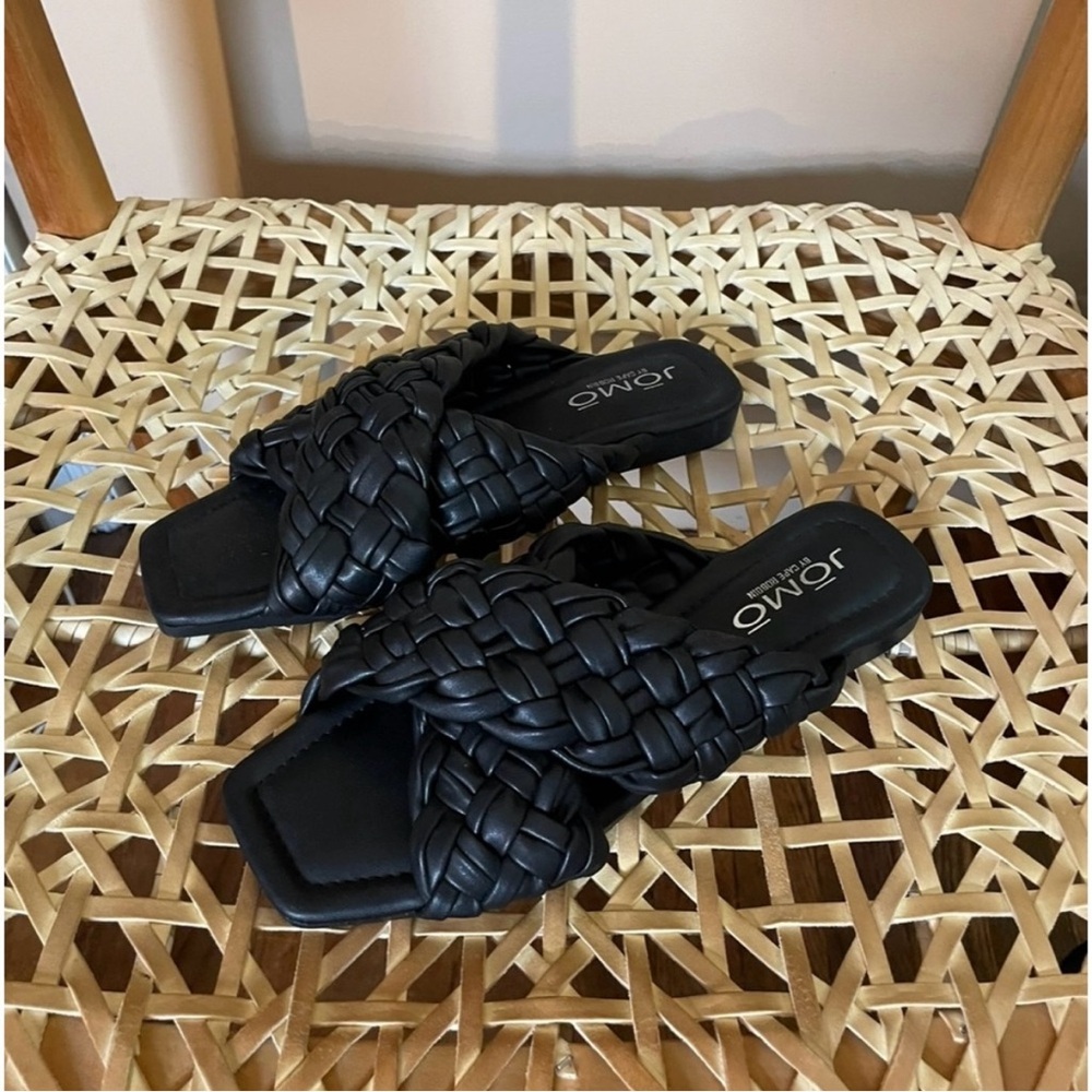 Jomo black strappy braided slip on sandals